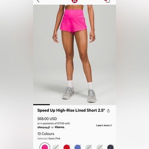 Lululemon Speed Up High Rise Lined shorts 2.5” Sonic Pink